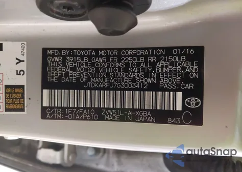 2016 Toyota Prius Three from USA, damaged, VIN JTDKARFU7G3003412